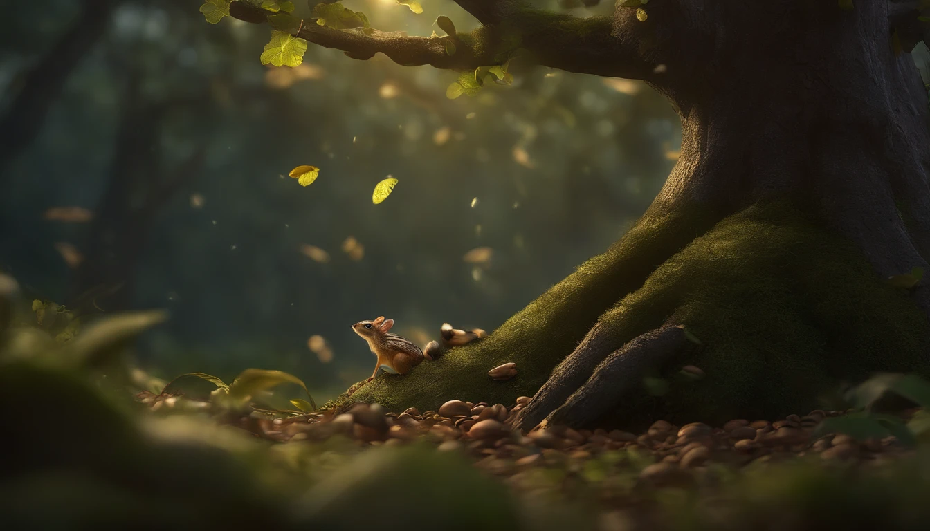 真实感, Realism, Close up of cute tiny fireflies around a huge oak tree, , illuminate the bush, a detailed painting, cgsociety, Detailed painting, artstation hd, high detail, cgsociety, photo realism, Concept art, artstation hd, official arts, bokeh     ,(CBZBB:1.25), ((gremlin, taupe),Zhkute, fantasy forest, dark fantasy style, fantasy tale, in the foreground there is a large huge oak tree, Huge roots, sticking out of the ground, the ground is covered with grass, a bunch of nuts,  acorns are lying everywhere, leaves, mushrooms sticking out, Beautiful, Fantasy art, deviant art, trending artstation, huge acorn, tiny, Cinematic shot, cinematic portrait of a light forest, glade, rill, 真实感, Realism, tmasterpiece, Big Oak, leaves (Night of the Fireflies), (higly detailed: 1 noise, Complementary, real-photo, ............PSD, Lightweight Film Photography, sharp-focus, contrast lighting, Detailed description of oak, high resolution 8k, Crazy detailing, Realistic, professional photo of a, 8K UHD, dslr, soft light, hiquality, film grains, Fujifilm XT3