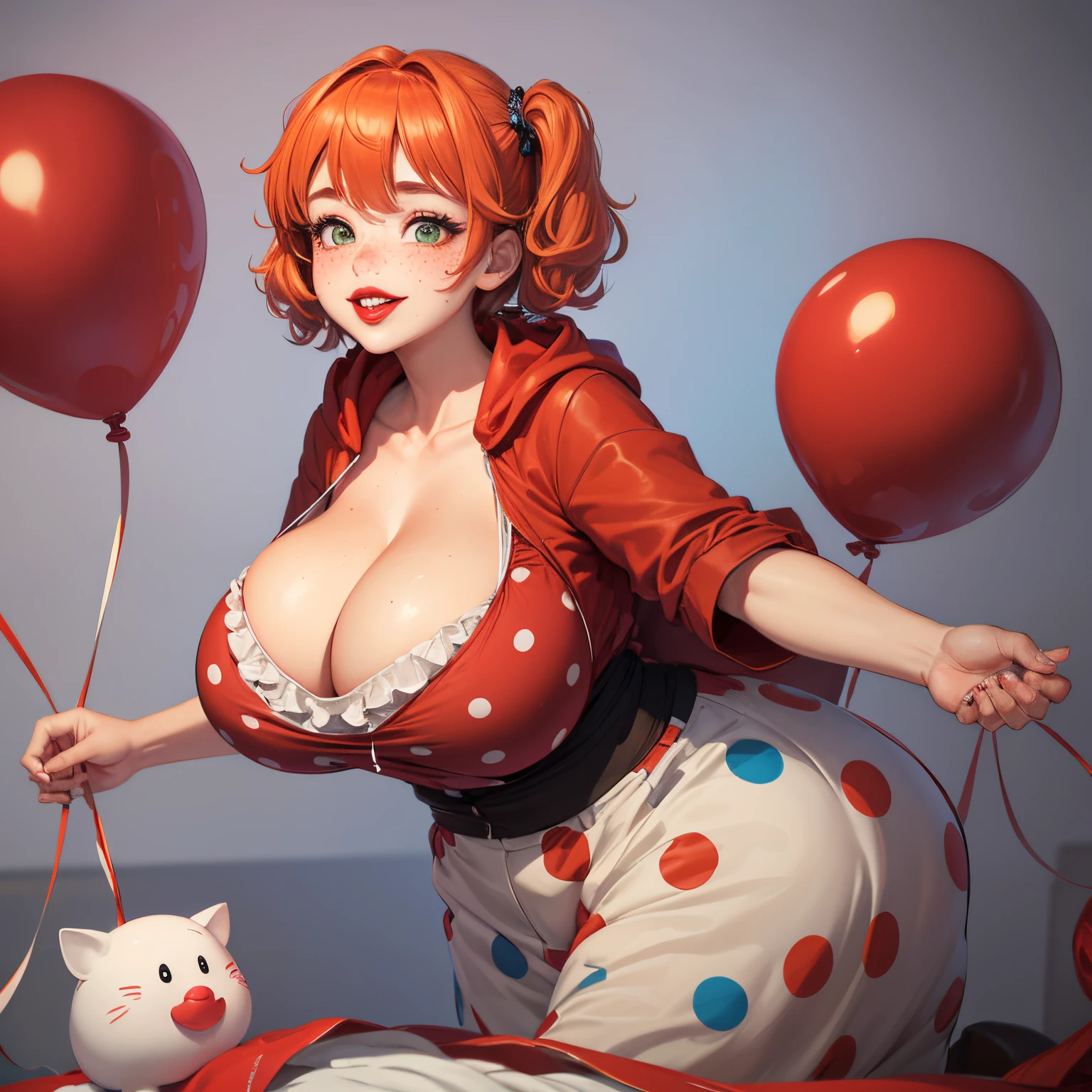 1girl, clown, wearing big black hoody, wearing oversized hoody, blue puffy mini skirt, white ruffles, (short hair), [hair with ribbons], pig tails, orange hair, red head, polka dots, curvy body, large body, fatty hips, big hips, white skin, ((clown make up)), red nose, ((large bust, big breasts, cleavage):1.2), ((large red lips )), inflated lips, juicy lips, (oversized squishy red lips:1.4), oversized lips:1.5, extremely wide eyes, ((looking away)), surprised, goofy smile, blushing, blush, freckles, buck teeth, large front teeth, nerdy, squishy ball pit background