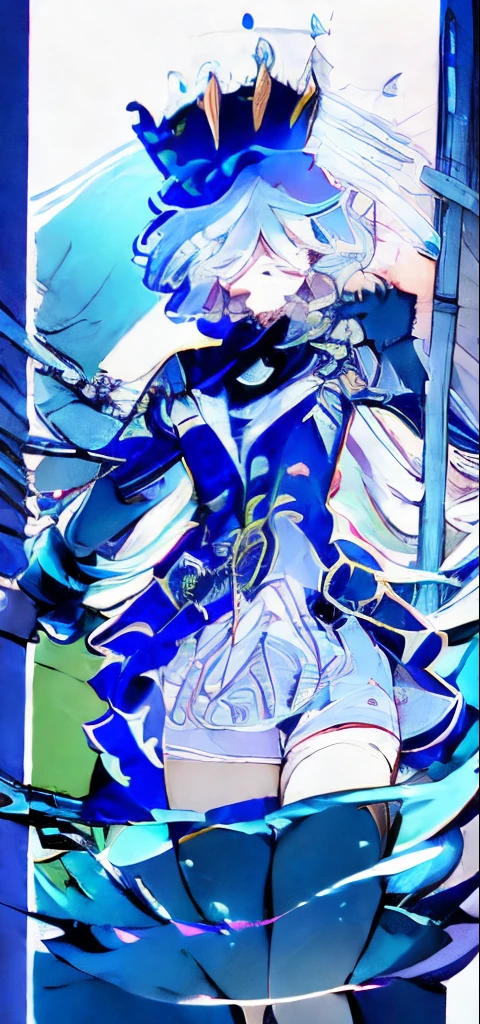 tarot cards，beuaty girl,Short hair details,curlies,shorter pants,Under water,Lace-rimmed gloves,the original god，Ferina，arms stretched wide