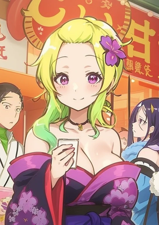 anime characters in a store with a woman in a purple dress, hanayamata, shirabii, ehime, yami kawaii, from sengoku period, “ anime, ”beautiful anime woman, “anime girl, moe, inspired by Nishikawa Sukenobu, from one piece, “ full body, flirty anime witch casting magic