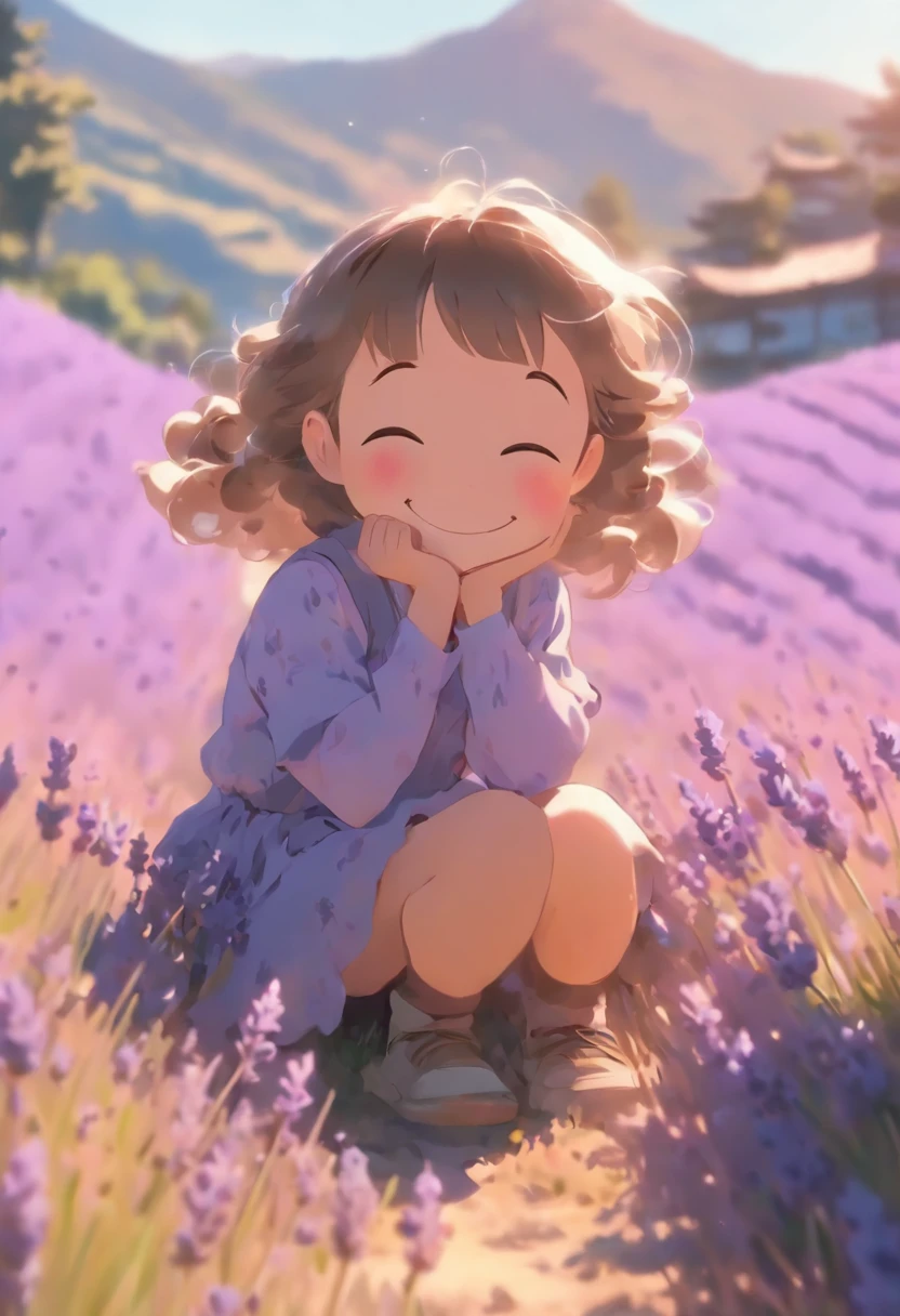 A 6 year old girl is sitting in a lavender field, ssmile, blue-sky, baiyun, Far Mountain.