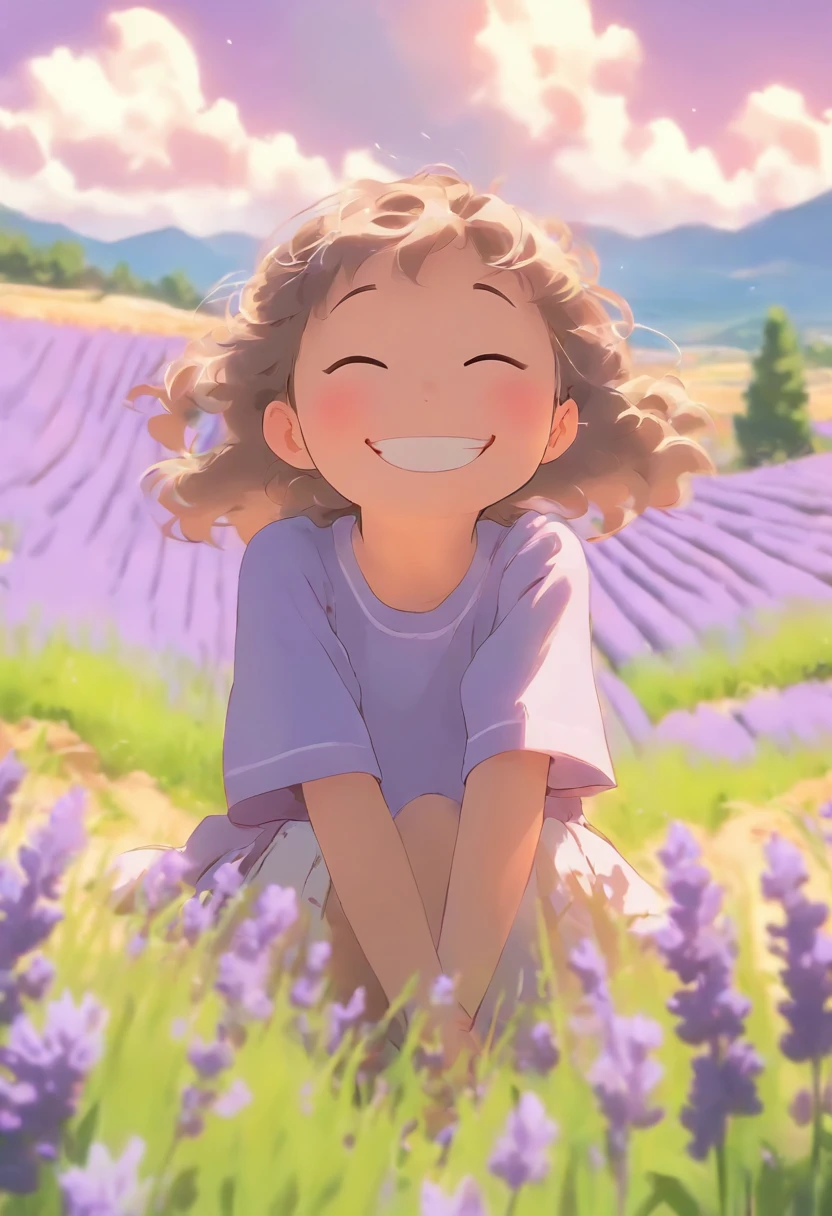 A 6 year old girl is sitting in a lavender field, ssmile, blue-sky, baiyun, Far Mountain.