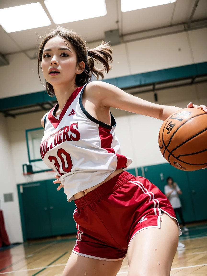 (8K, Raw photo, Best Quality, masutepiece:1.2), (Realistic, Photorealsitic:1.37),1 girl,Cute, (Solo),A detailed face, Dramatic Angle,
,Playing Basketball,Basketball Uniforms、Navel Ejection、Aside、Small breasts、Thigh opening、Throwing basketball、Slouched、Jumping、Look away,Sporty,Wet skin,Sweat,Graceful legs,Low-rise bloomers ,prolapsed butt