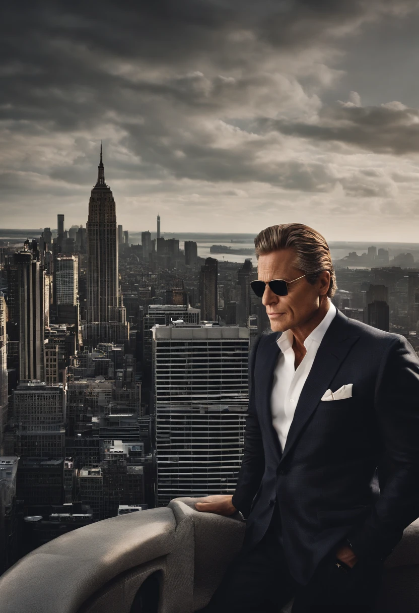A photo of Gekko enjoying a private helicopter ride over the city skyline.,Wall Street,Gordon Gekko, the iconic character from the film “Wall Street,” is the epitome of 1980s corporate greed and style, often seen in tailored, expensive suits that signify his success and power in the financial world. He is distinguished by his slicked-back hair and a confident, almost predatory gaze, enhancing his image as a ruthless and savvy Wall Street tycoon., male