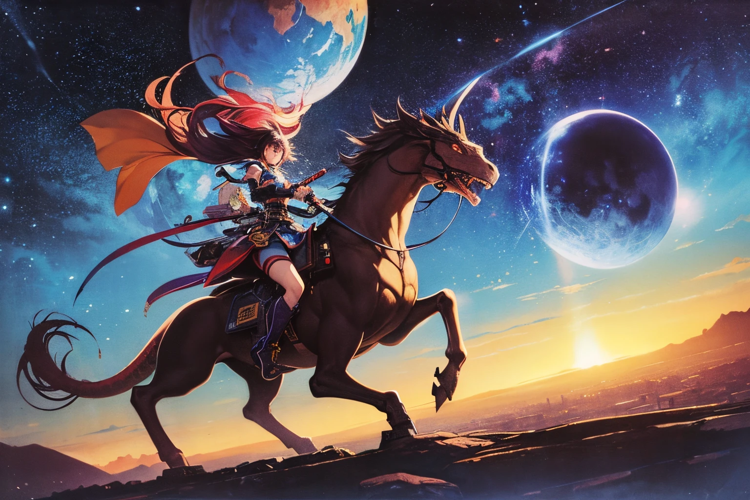 Masamune Shirow, Satoshi Kon, Surreal, mysterious, bizarre, fantastical, fantasy, Sci-fi, Japanese anime, multiple watercolor woodblock prints, beautiful girl in a miniskirt riding a dragon, perfect voluminous body, spaceship, huge planet, multicolored starry sky, detailed masterpiece