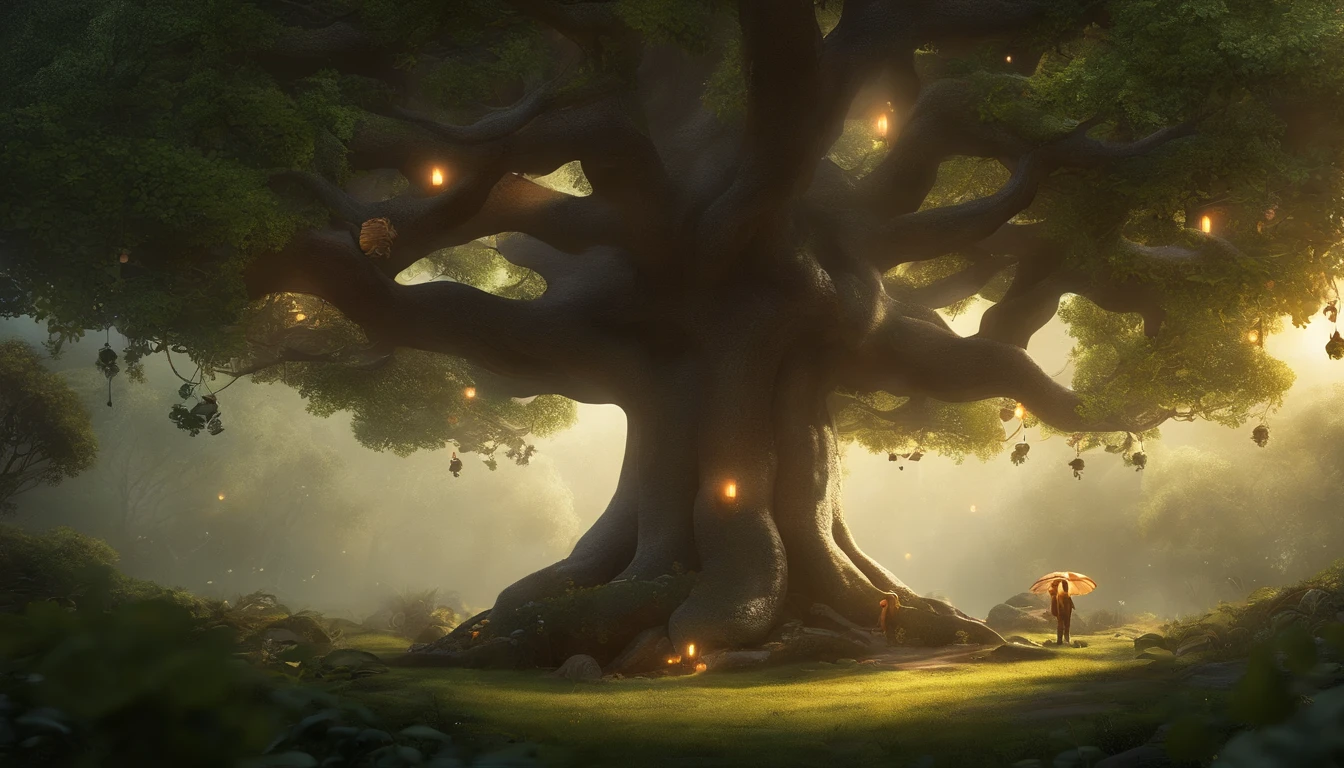 真实感, Realism, Close up of cute tiny fireflies around a huge oak tree, Morning lighting, dew, illuminate the bush, a detailed painting, cgsociety, Detailed painting, artstation hd, high detail, cgsociety, photo realism, Concept art, artstation hd, official arts, bokeh ,(CBZBB:1.25), ((gremlin, taupe),Zhkute, fantasy forest, dark fantasy style, Fantasy fairy tale, in the foreground there is a large huge oak tree, Huge roots, sticking out of the ground, the ground is covered with grass, a bunch of nuts, acorns are lying everywhere, leaves, mushrooms sticking out, Beautiful, Fantasy art, deviant art, trending artstation, huge acorn, tiny, Cinematic shot, cinematic portrait of a light forest, glade, rill, 真实感, Realism, tmasterpiece, Big Oak, leaves (Night of the Fireflies), (higly detailed: 1 noise, Complementary, real-photo, .............PSD, Lightweight Film Photography, sharp-focus, contrast lighting, Detailed description of oak, high resolution 8k, Crazy detailing, Realistic, professional photo of a, 8K UHD, dslr, soft light, hiquality, film grains, Fujifilm XT3