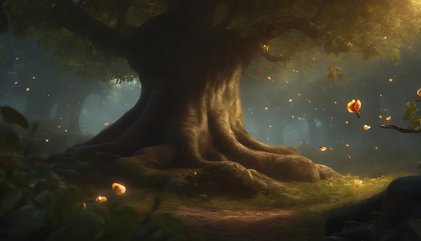 真实感, Realism, Close up of cute tiny fireflies around a huge oak tree, Morning lighting, dew, illuminate the bush, a detailed painting, cgsociety, Detailed painting, artstation hd, high detail, cgsociety, photo realism, Concept art, artstation hd, official arts, bokeh ,(CBZBB:1.25), ((gremlin, taupe),Zhkute, fantasy forest, dark fantasy style, Fantasy fairy tale, in the foreground there is a large huge oak tree, Huge roots, sticking out of the ground, the ground is covered with grass, a bunch of nuts, acorns are lying everywhere, leaves, mushrooms sticking out, Beautiful, Fantasy art, deviant art, trending artstation, huge acorn, tiny, Cinematic shot, cinematic portrait of a light forest, glade, rill, 真实感, Realism, tmasterpiece, Big Oak, leaves (Night of the Fireflies), (higly detailed: 1 noise, Complementary, real-photo, .............PSD, Lightweight Film Photography, sharp-focus, contrast lighting, Detailed description of oak, high resolution 8k, Crazy detailing, Realistic, professional photo of a, 8K UHD, dslr, soft light, hiquality, film grains, Fujifilm XT3