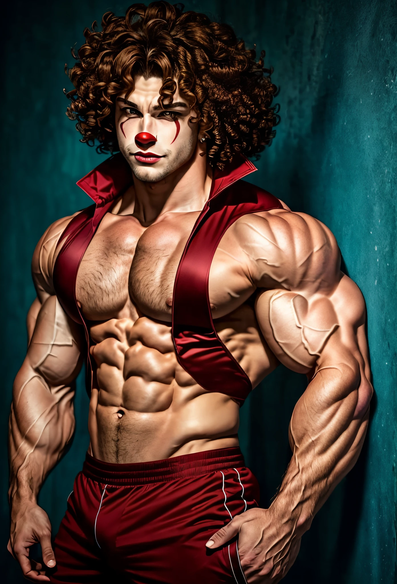 Male Anime clown with curly brunette hair and big muscles