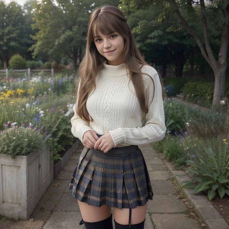 (High quality, High resolution, Ultra-detailed, Realistic:1.37), peaceful ambiance, (plein air, garden), girl standing alone, Beautiful detailed features, Cute smile, (Blonde and long hair, bangs), Ribbed sweater, blue plaid skirt, Black tights, Brown boots.