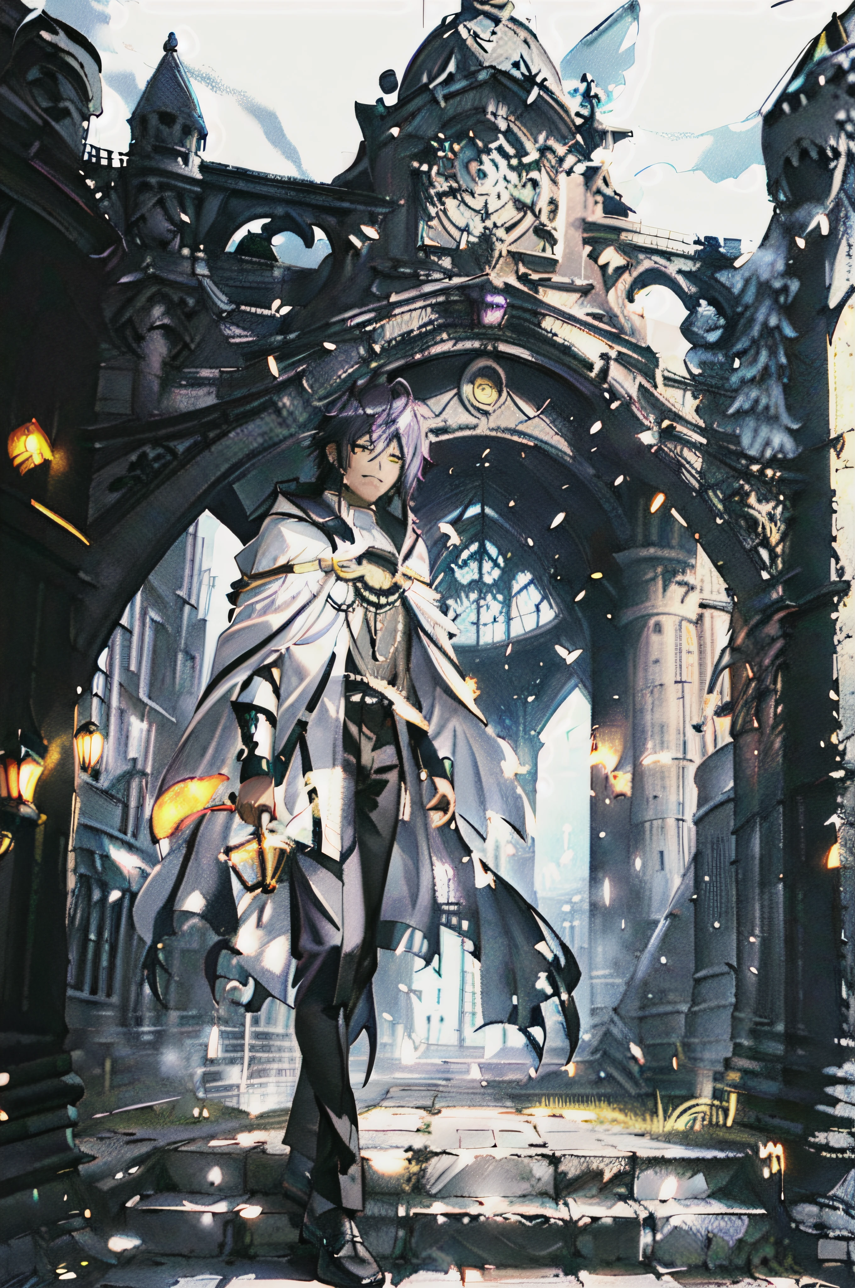 (1man, mature, dark skin, dark purple hair, bright yellow eyes, pastor priest clothes, dress pants, white cloak, smug face, nea from d gray man), london stone street, lamps illuminating, front view, high res, ultrasharp, 8K, masterpiece, portrait, high detail, symmetrical