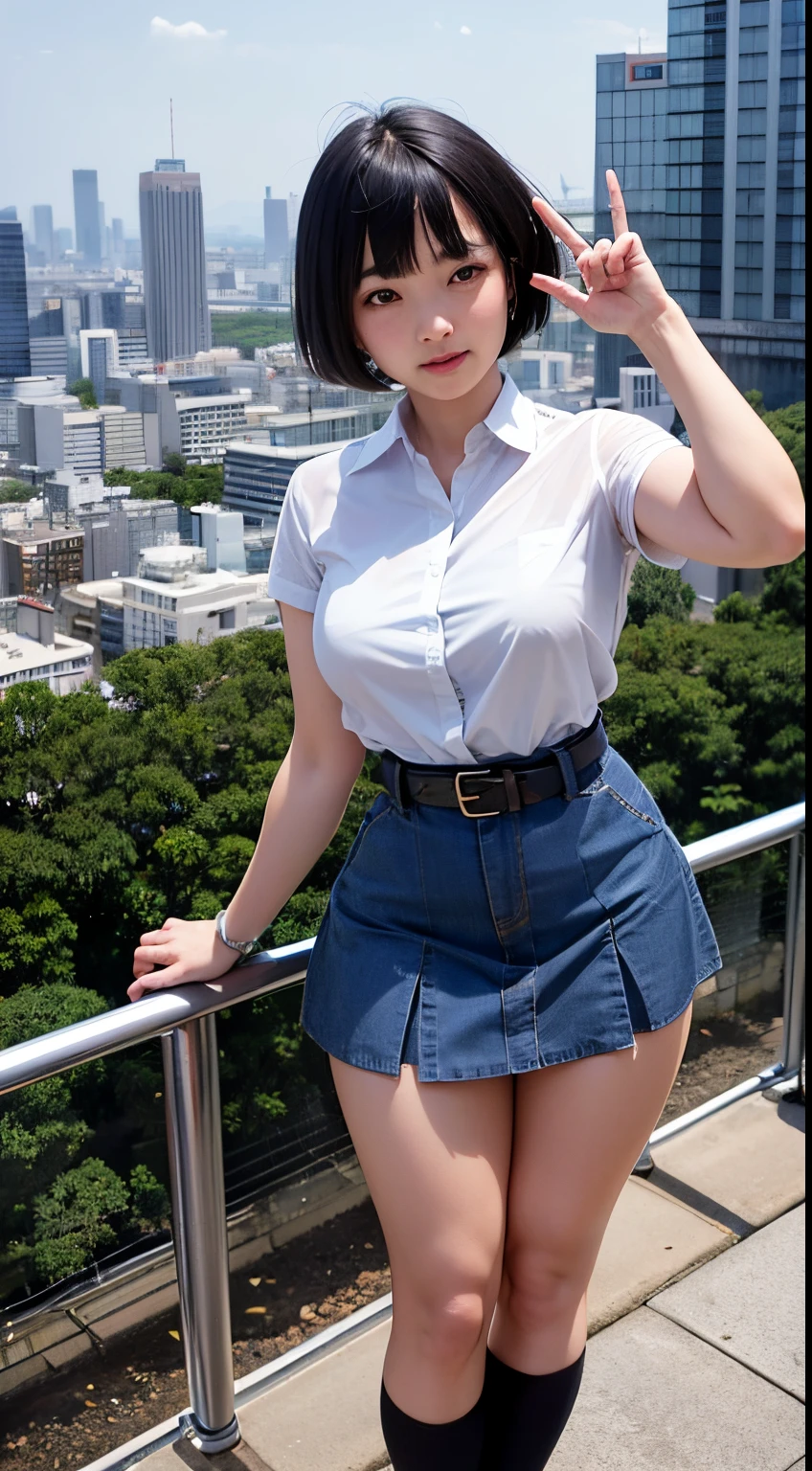 Junaida, Naoyuki Katoh, Surreal, mysterious, strange, fantastical, fantasy, Sci-fi, Japanese anime, giant miniskirt beautiful high school girl, perfect voluminous body, Tokyo sightseeing, as tall as Tokyo Tower, peace in a commemorative photo, boyish short hair, bird's eye view, perspectives angles realistic