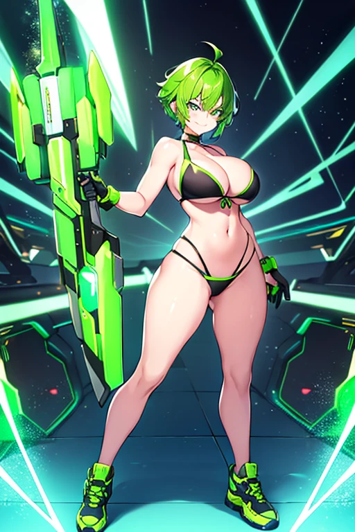 1girl, large breasts, wide hips, green hair, very short hair, short hair, green eyes, bikini, black bikini, neon trim, green neon trim, smile, smirk, smug, futuristic, science-fiction, tech, machinery, shoes, sneakers, green neon trim, green trim, full body