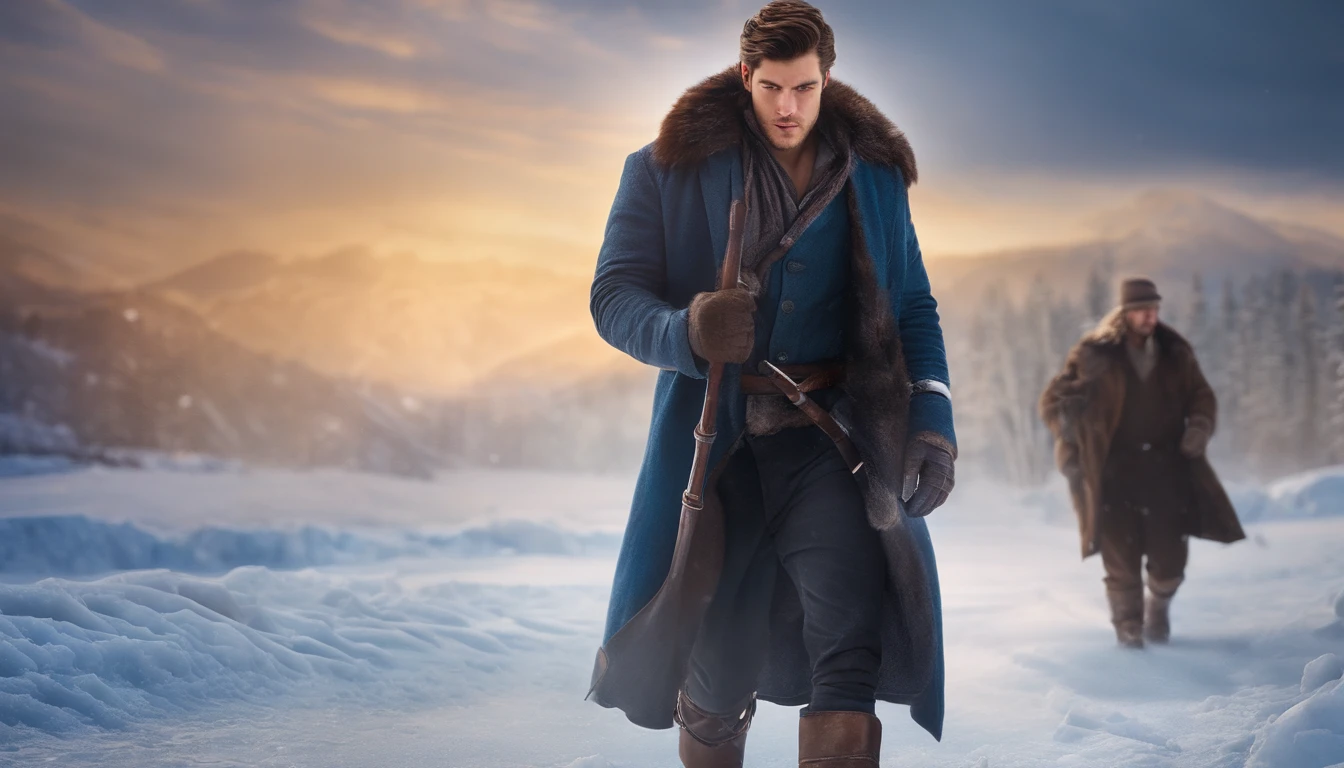 A young, handsome and strong man works in the ice and snow
