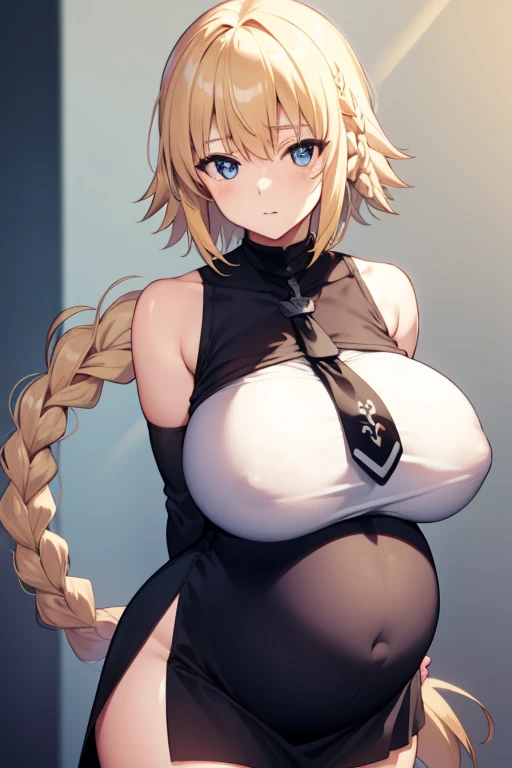 jeannedarc, jeanne darc, blonde hair, blue eyes, long hair, (medium breast:1.2),
BREAK bare shoulders, black necktie, black thighhighs, braid, (long braid:1.5), miniskirt, navel, necktie, shirt, single braid, sleeveless, sleeveless shirt, thighhighs, white shirt,
BREAK looking at viewer,
BREAK outdoors,
BREAK (masterpiece:1.2), best quality, high resolution, unity 8k wallpaper, (illustration:0.8), (beautiful detailed eyes:1.6), extremely detailed face, perfect lighting, extremely detailed CG, (perfect hands, perfect anatomy), big breast, H-cup, good breast, beautiful, gorgeous,anime,girl,lora, (huge big bellym:1.5) nipple visible though clothes, big belly, pregnant pregnant, sexy, hyper pregnant pregnant