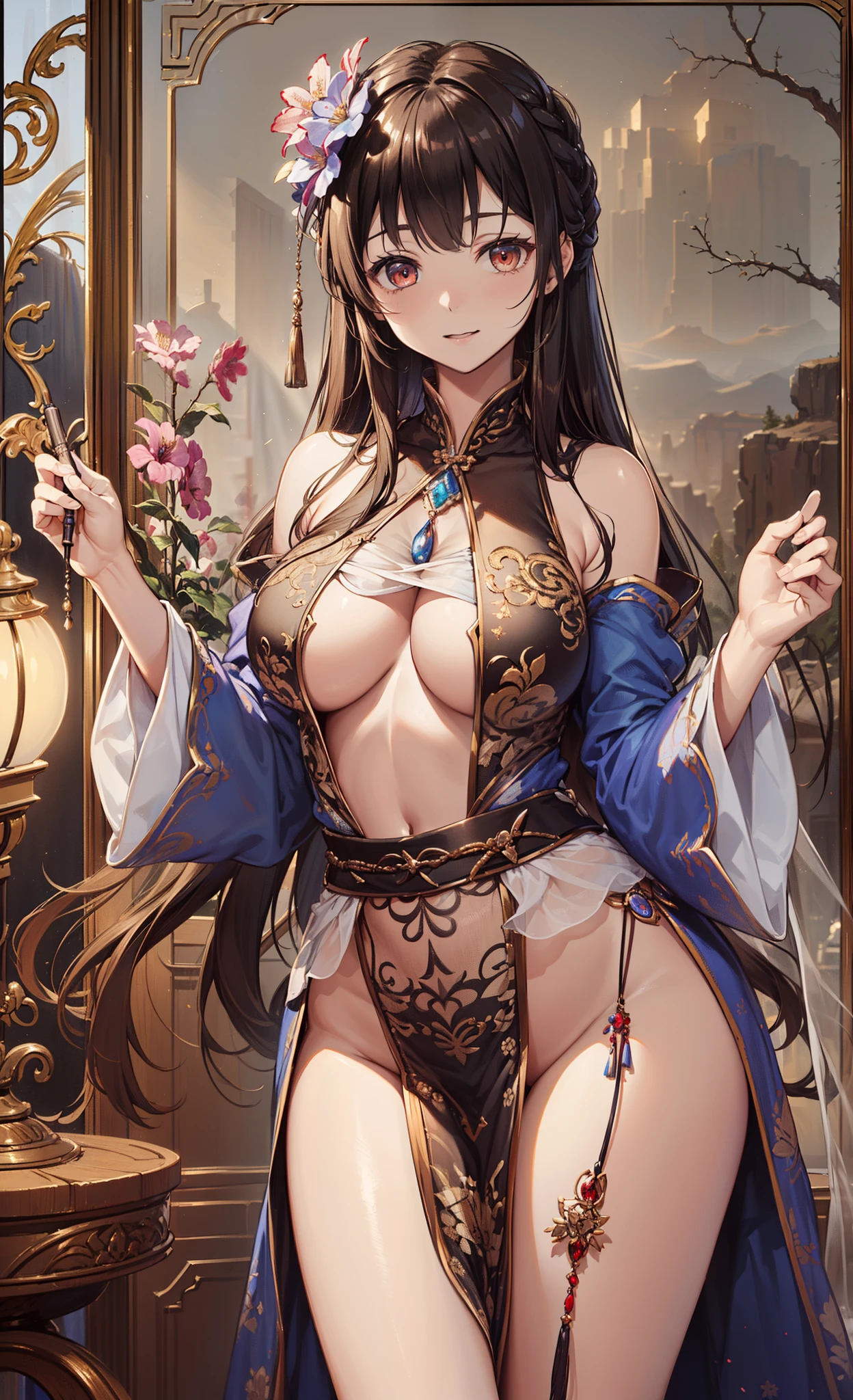 top-quality、Top image quality、tmasterpiece、girl vs......((、plump girl、obsessed、Girl's face、tempting pose、charming body、Grand canyon、Beautifully designed Hanfu, Brown hair,Very long hair,hairflower, exposed bare shoulders, Wide sleeves, longer sleeves,sheer transparent clothes)),high high quality、beautiful art、Background with(Luxury hotel bedroom,natta,lamplight))、visual art、depth of fields、Diamonds adorn clothes、Best 3/4 body image、Emphasize the posture of the hips、Lace、Hide breasts,Repair misaligned fingers,Exquisite and beautiful light red eyes