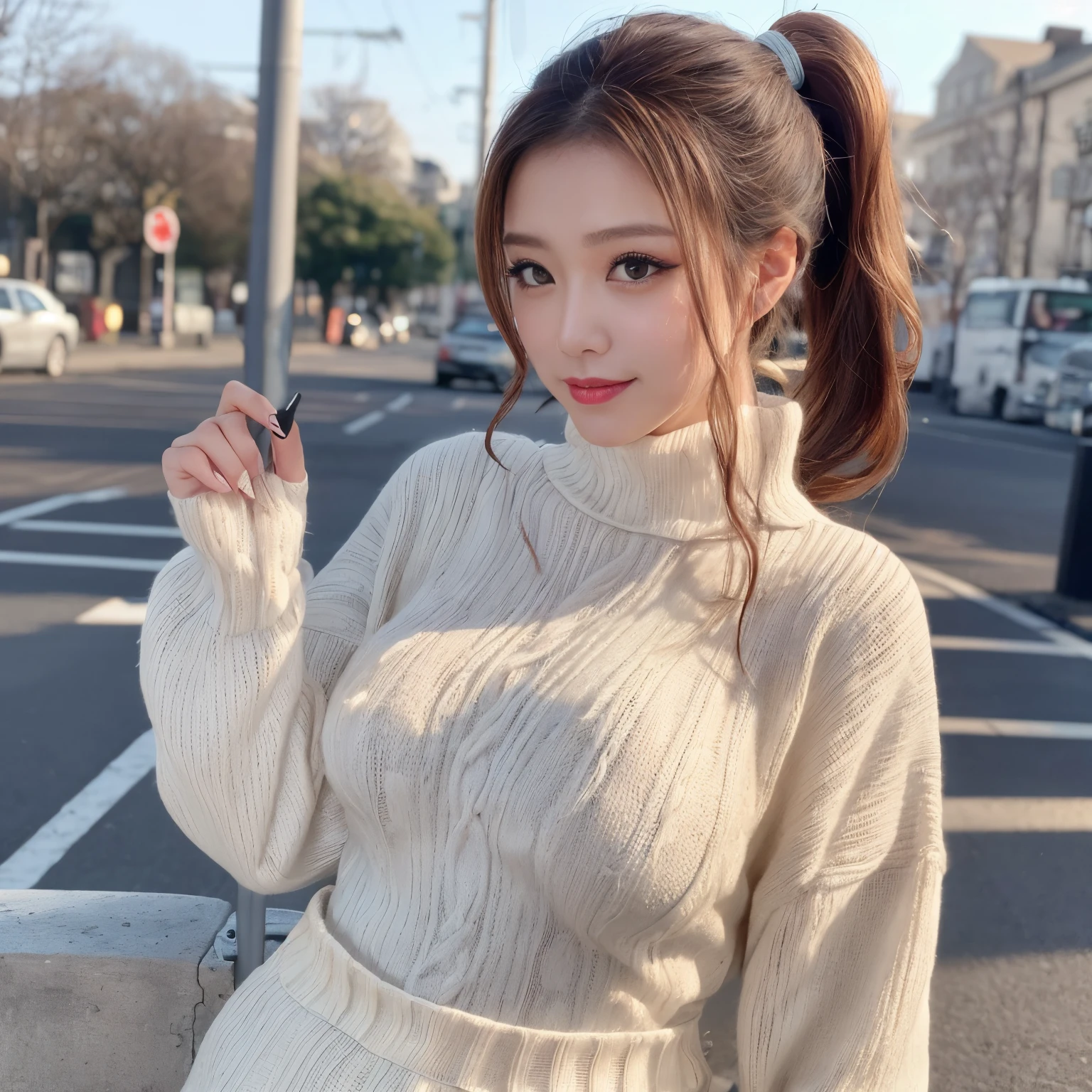 ((Best Quality, masutepiece, 超A high resolution、The most complex and detailed depictions))、(Very bright daylight white lighting:1.1)、(1 photo:1.3)、Woman in turtleneck sweater、Pregnancy、Clothes with a tight waist、beatiful detailed eyes、(Long wavy ponytail:1.3), (precise wave ponytail:1.5)、Color Contacts、Perfect makeup、long eyelashes、lipsticks、highly saturated eyeshadow、Tight knitwear、Perfect fit、Emphasize body lines、(huge tit:1.1)、(precise turtleneck long knit:1.3)、细致背景, Look at viewers, the best smile when you look at me、Knitted dresses、In the background is a busy boulevard near the station、cowboy  shot、shot of her from below