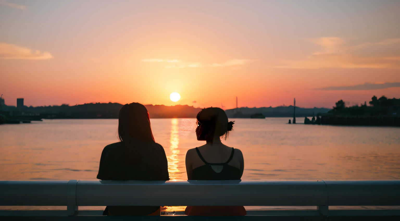 Back view of two friends，Stand together under the beautiful sunset