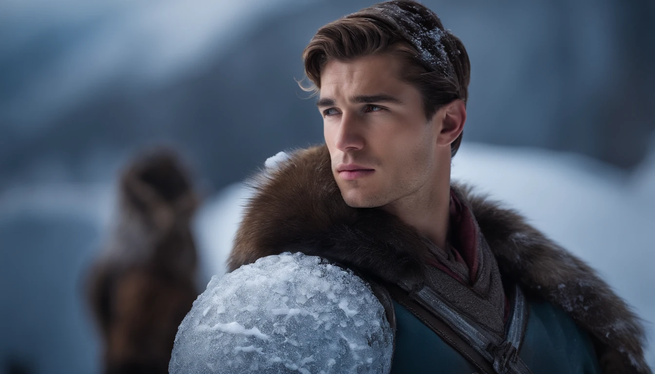 A young, handsome and strong man works in the ice and snow