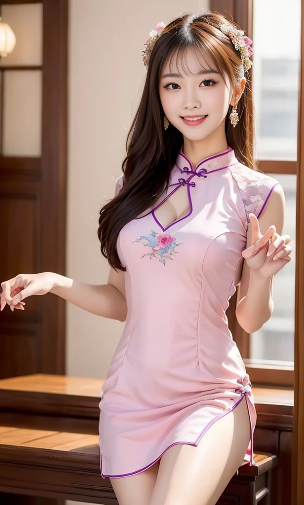 (Super Best Quality、超高分辨率、８ｋ、masterpiece:1.3)、Beautiful Women in Perfect Figure:1.4、、brunette color hair、((Purple cheongsam))、(((((without background))))、kawaii、extremely detailed face and skin、Detailed eyes、二重まぶた、lean legs、The best smile、(((１One guy)))、(Raise your index finger with your left hand)、((The whole body is in the audience))、The best smile、phenomenal beauty、Age is１６years old、facing the front there、proporções perfeitas、(Dragon pattern cheongsam)、Widen the slit、hairlength、Long seams、pantiess，-ar16-9