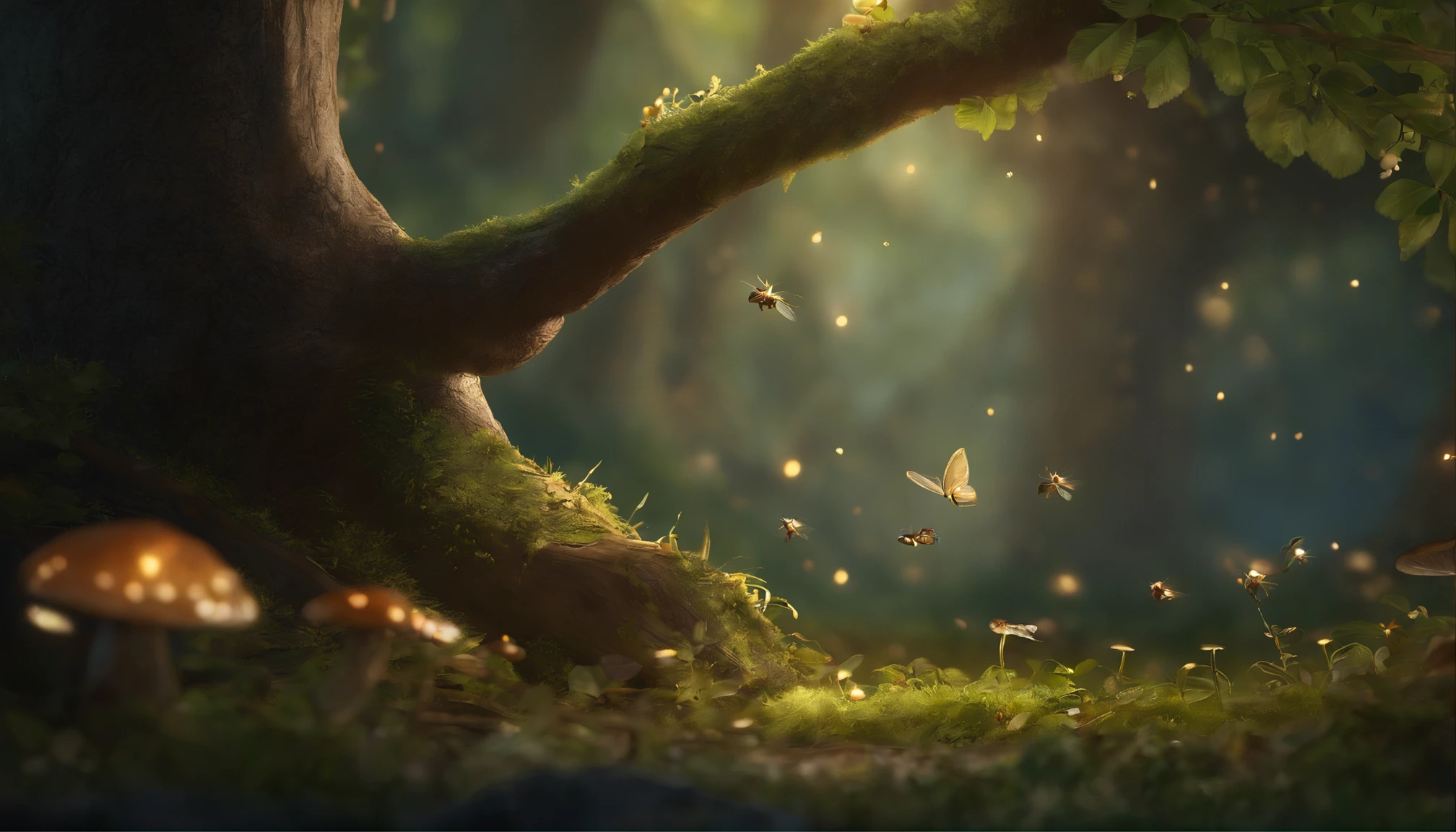 真实感, Realism, Close up of cute tiny fireflies around a huge oak tree, Flowers, buds glow, illuminate the bush, a detailed painting, cgsociety, Detailed painting, artstation hd, high detail, cgsociety, photo realism, Concept art, artstation hd, official arts, bokeh     ,(CBZBB:1.25), ((gremlin, taupe),Zhkute, fantasy forest, dark fantasy style, Fantasy fairy tale, in the foreground there is a large huge oak tree, Huge roots, sticking out of the ground, the ground is covered with grass, a bunch of nuts,  acorns are lying everywhere, leaves, mushrooms sticking out, Beautiful, Fantasy art, deviant art, trending artstation, huge acorn, tiny, Cinematic shot, cinematic portrait of a light forest, glade, rill, 真实感, Realism, tmasterpiece, Big Oak, leaves (Night of the Fireflies), (higly detailed: 1 noise, Complementary, real-photo, .............PSD, Lightweight Film Photography, sharp-focus, contrast lighting, Detailed description of oak, high resolution 8k, Crazy detailing, Realistic, professional photo of a, 8K UHD, dslr, soft light, hiquality, film grains, Fujifilm XT3