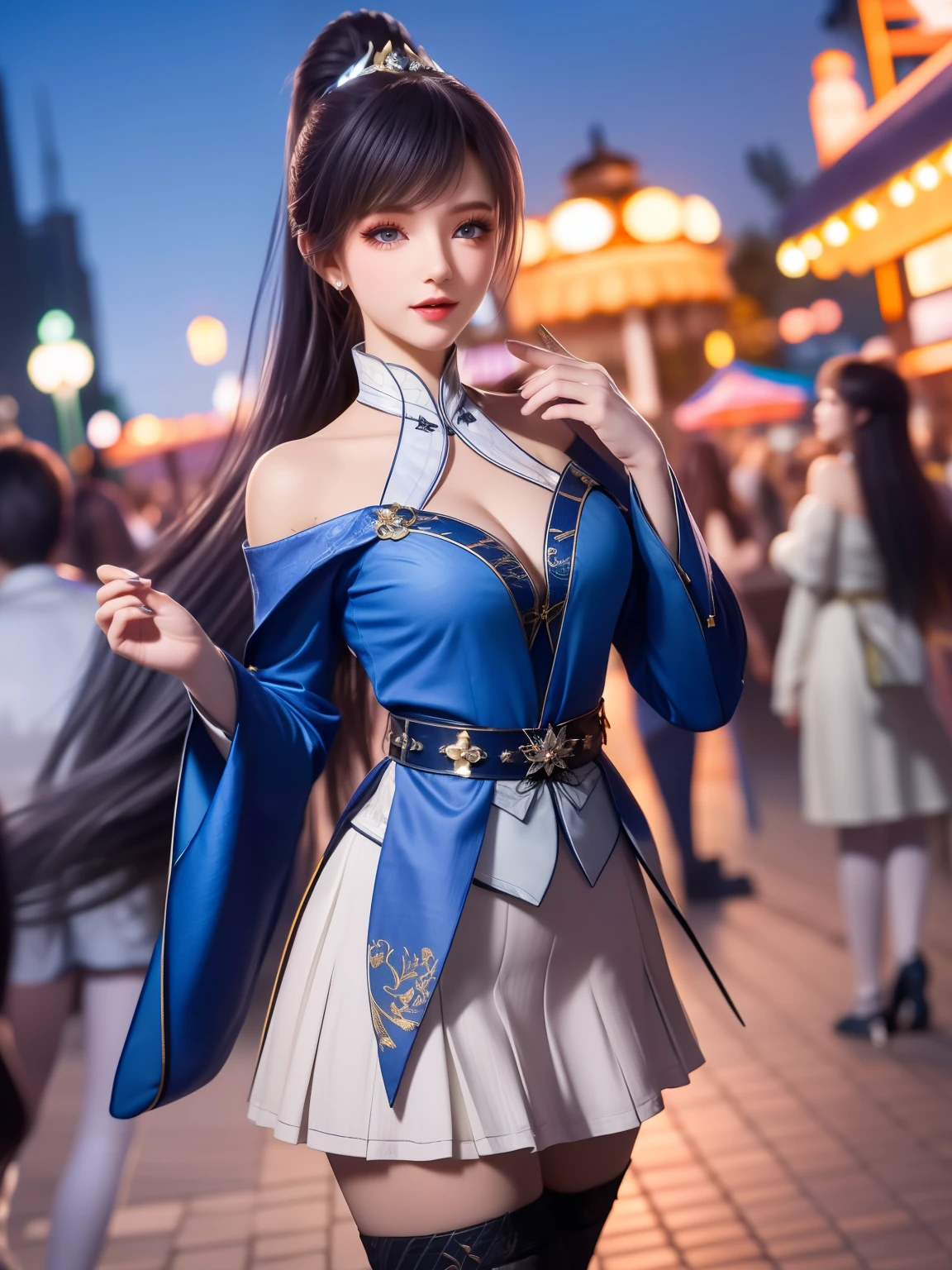 1girl, long hair, dress,hair ornament, cityscape, night, thighhighs, high collar,white skirt,ponytail, cowboy shot, long sleeves, belt,blue eyes,makeup,(best quality, masterpiece1.2), intricate detail, depth of field, 20 years old girl, off shoulder, night, festival, Amusement parks,, standing, Excited, hi