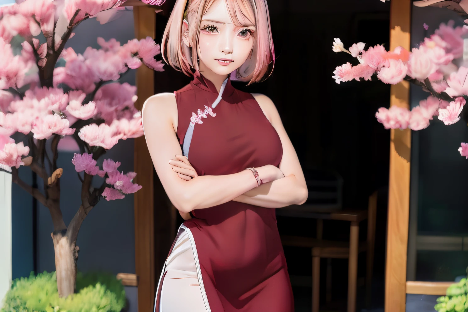 sakura haruno, exposed leg dress, maturebody, beautiful  face, sultry posing, big buttocks, illustration, high resolution, ultra details, realisitic, swirly vibrant colors, soft lighting, cherry blossom theme