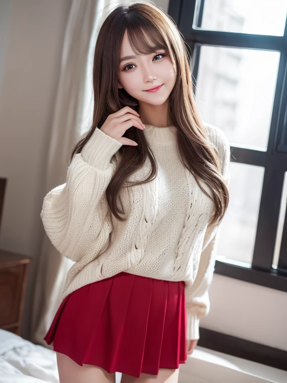 best qualtiy，tmasterpiece，超A high resolution，（真实感：1.4），RAW photogr，1girll，Long whit hair，Face highlighting，pure，Girly，flushing，18year old，Smiling female classmate at 18 years old，pure，Innocent，（best qualtiy，8K，tmasterpiece:1.3），Goose egg face，largeeyes，long eyelasher，Exquisite（Live-action realistic style），Star-like eyes，The Ultimate Face，Photorealistic light and shadow，Clear facial features，milky skin，Fair skin， highdetailskin， Realistic skin details， Visible Pore，（Super Detail），（perfect bodies：1.1），Long whit hair，（dynamicposes），((dynamic background((volumettic light：1.3))，Colossal tits，White sweater，Red wool skirt，boot，alps，snow mountains，Yuki，liberta，Dashing，long legged，Shunguang