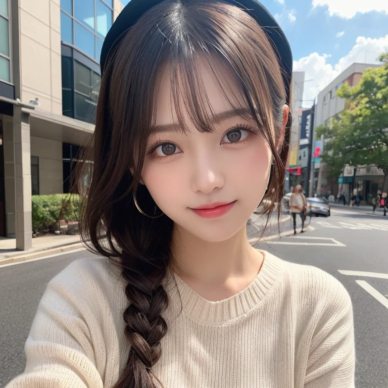 masutepiece, 1 girl in、Best Quality, Ultra-detailed, finely detail, hight resolution, 8K Wallpaper, Perfect dynamic composition, Beautiful detailed eyes, timido, Women's Fashion,Natural Color Lip, twin-tail hair. Bold sexy poses, Harajuku、17 years old girl、Cute、Sexy shot looking at camera,Colossal tits、Plump lips、Smile、Knitted clothing
