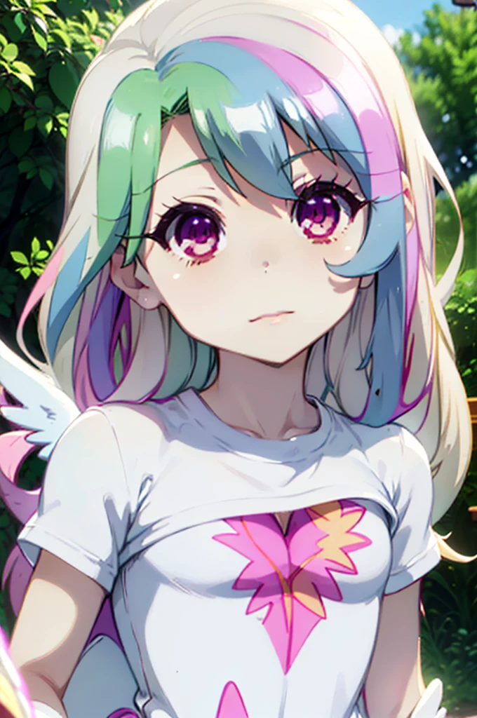 Great quality ++ High resolution extremely detailed, very aesthetic, expressive eyes, (((Perfect face))), (((Symmetrical face))), ((Good anatomy)), (((Perfect hands))), (((8k))), UHD, HD wallpaper, (((high quality))), Ultra detailed, (((1girl))), ((((fullbody)))), (((MLP))), (((princess celestia))), ((human form)), (((princess celestia humanized))), Celestia, celestia from my little pony, celestia in the form of a milf, long wavy hair, pink eyes, lush breast, greek columns, outside, beautiful majestic forest, vine leafs surrounding the columns, bush of flowers everywhere, wearing prisma illya outfit, knee high boot, white angelic wings, white pony ears, clear sky, bright sunny day, lily pads, heavenly forest, (((full body))),