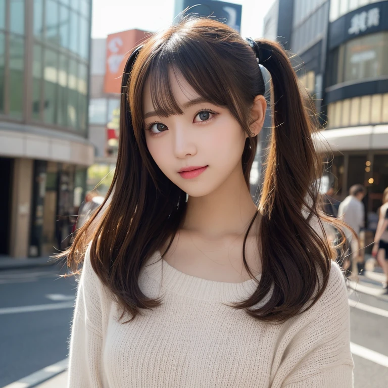 masutepiece, 1 girl in、Best Quality, Ultra-detailed, finely detail, hight resolution, 8K Wallpaper, Perfect dynamic composition, Beautiful detailed eyes, timido, Women's Fashion,Natural Color Lip, twin-tail hair. Bold sexy poses, Harajuku、 girl、Cute、Sexy shot looking at camera,Colossal tits、Plump lips、Smile、Knitted clothing