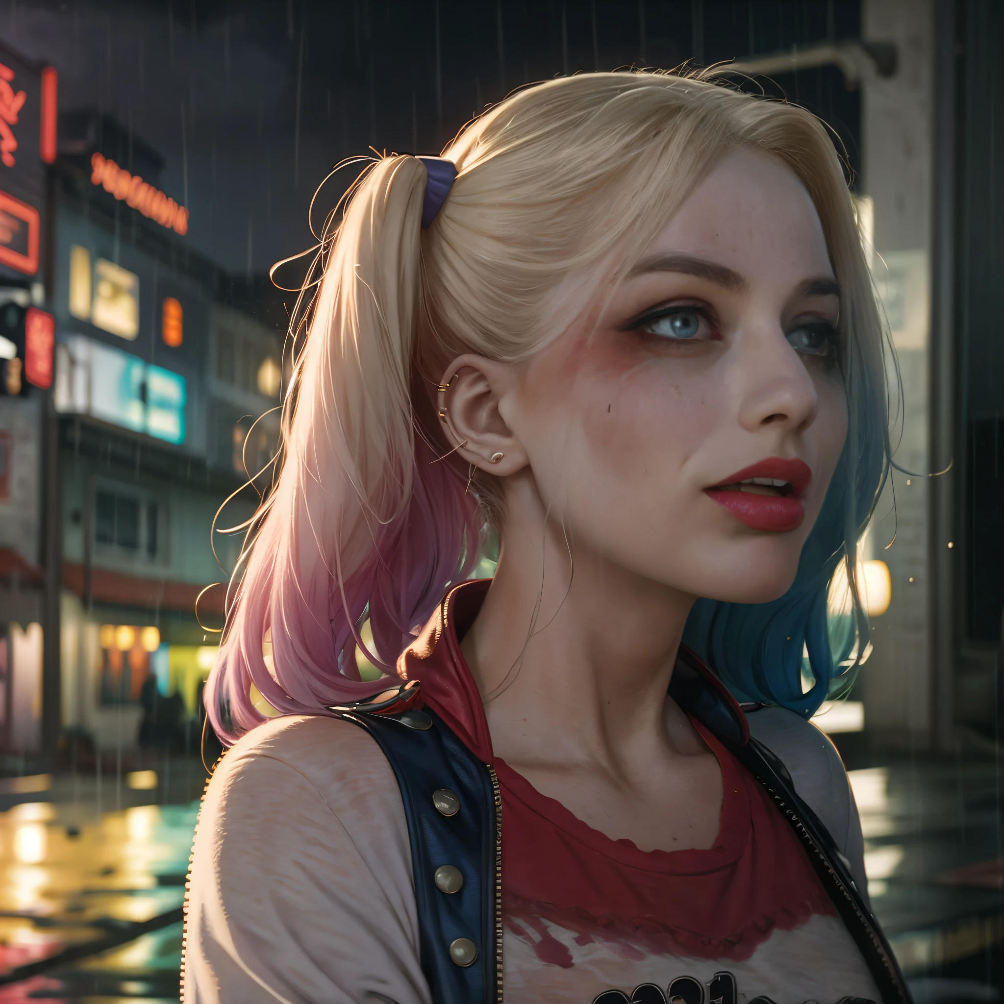 Harley Quinn, realistic, masterpiece quality, studio lighting, rainy day, cloudy day, at night, dark,