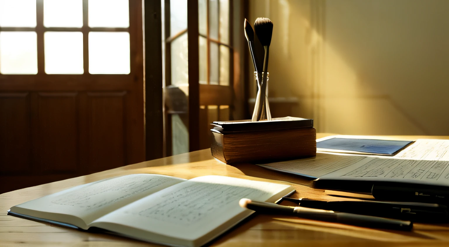There are brushes and inkstones on the table,The sun shines on the table through the window
