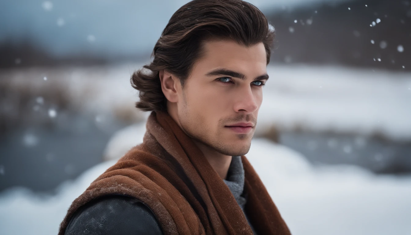 A young, handsome and strong man works in the ice and snow