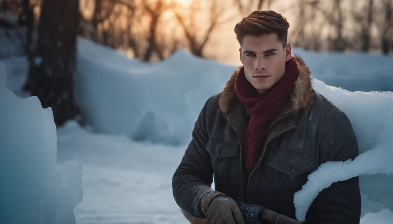A young, handsome and strong man works in the ice and snow