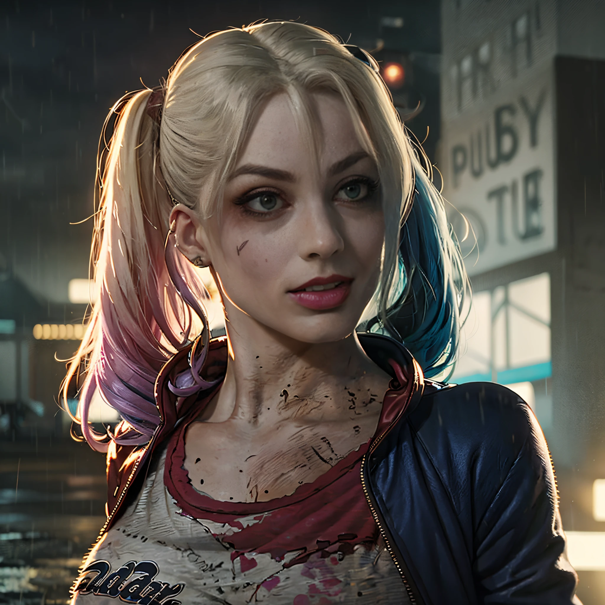 Harley Quinn, realistic, masterpiece quality, studio lighting, rainy day, cloudy day, at night, dark,