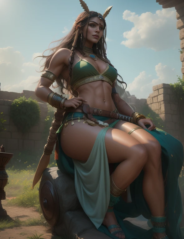 araffe woman in a costume sitting on a stone wall, very beautiful female barbarian, portrait of a barbarian woman, cinematic goddess body shot, portrait of a barbarian female, barbarian warrior woman, fantasy style 8 k octane render, cinematic goddess shot, fantasy character photo, fantasy photoshoot, mighty princess of the wasteland, (octane render) fantasy style