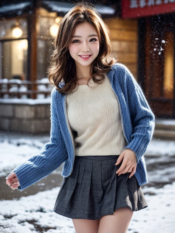 (masutepiece:1.3, Photorealsitic:1.4, 8K), top-quality, masterpiece, 超A high resolution, Perfect dynamic composition, Highly detailed skin and facial texture:1.3, A detailed eye, Detailed limbs, Winters, (snowflakes falling:1.2), Snowfall landscape at night:1.2, 1girl in, Cute sexy 17 year old slim woman, Fair skin, (Snow fell on my body and clothes:1.2), ((A smile:0.9, Totally captivates you:1.0)), (Thick short jacket over long sleeve mohair knit sweater:1.3, Tweed Mini Skirt:1.1), ((voluptuous breasts:1.05)), Short boots, (Facing the front, Frolic Pose), (Beautiful blue eyes, Eyes that feel beautiful eros:0.85), Sexy face:0.4, (A mouthfeel that feels beautiful eros:0.85), ((Too cute beauty:0.9))