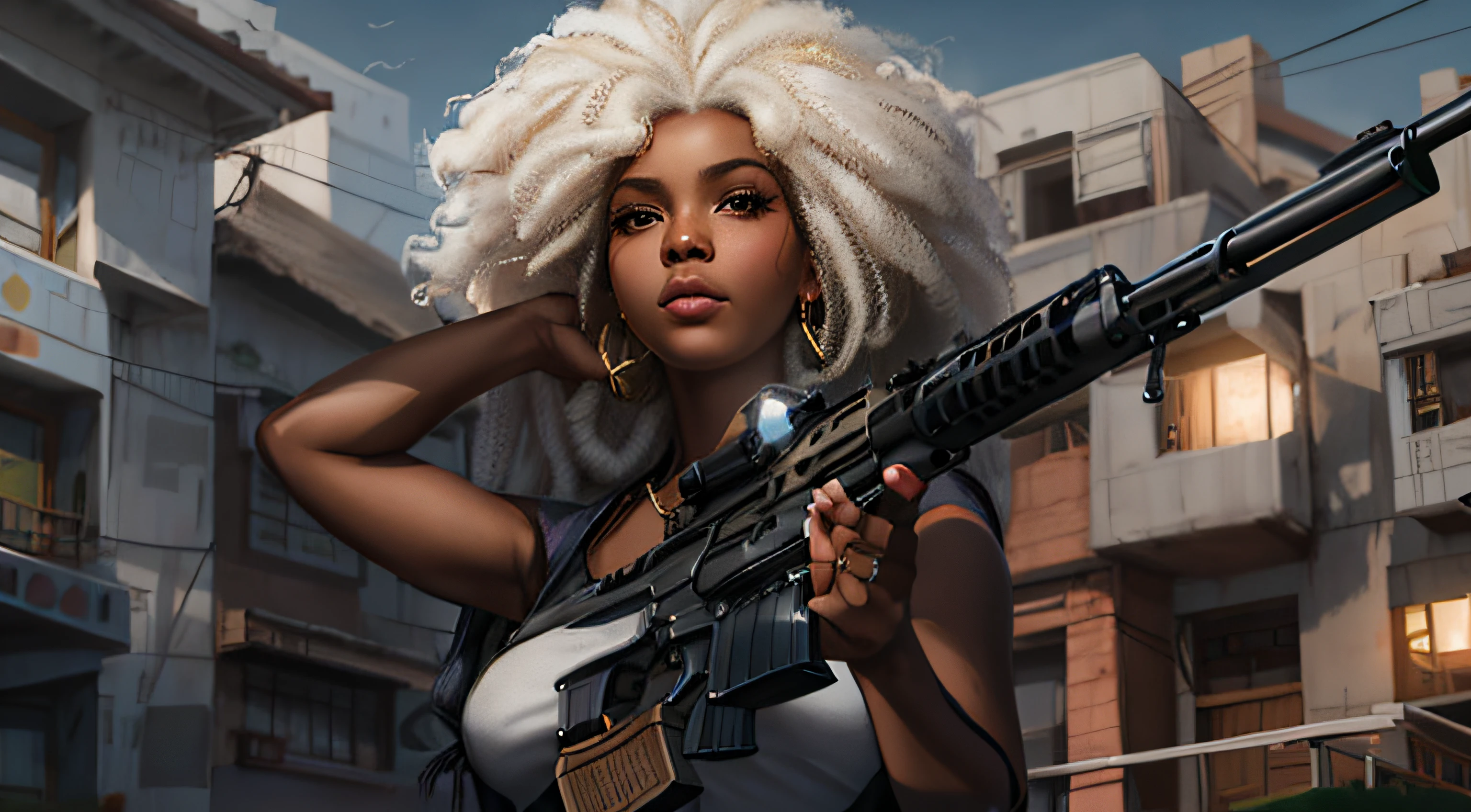 there is a woman holding a gun in front of a building, there is a woman holding a gun in front of a building, digital art by Jorge Jacinto, Artstation, afrofuturism, rob rey, extremely high quality artwork, beautiful artwork, stunning artwork, full art illustration, black woman, Art painted by Terese Nielsen, her husband Cliff Nielsen and Chris Moeller