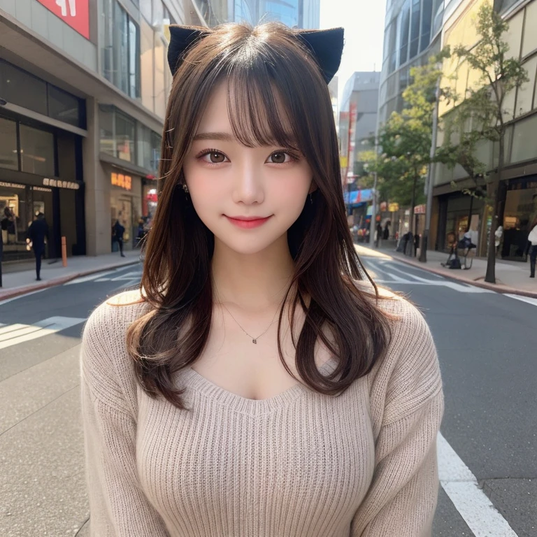 masutepiece, 1 girl in、Best Quality, Ultra-detailed, finely detail, hight resolution, 8K Wallpaper, Perfect dynamic composition, Beautiful detailed eyes, Women's Fashion,Natural Color Lip, twin-tail hair. Bold sexy poses, Harajuku、 girl、Cute、Sexy shot looking at camera,Colossal tits、Plump lips、Smile、Knitted clothing、