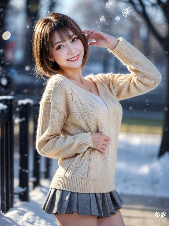 (masutepiece:1.3, Photorealsitic:1.4, 8K), top-quality, masterpiece, 超A high resolution, Perfect dynamic composition, Highly detailed skin and facial texture:1.3, A detailed eye, Detailed limbs, Winters, (snowflakes falling:1.2), Snowfall landscape at night:1.2, 1girl in, Cute sexy 17 year old slim woman, Fair skin, (Snow fell on my body and clothes:1.2), ((A smile:0.9, Totally captivates you:1.0)), (Thick short jacket over long sleeve mohair knit sweater:1.3, Tweed Mini Skirt:1.1), ((voluptuous breasts:1.05)), Short boots, (Facing the front, Frolic Pose), (Beautiful blue eyes, Eyes that feel beautiful eros:0.85), Sexy face:0.4, (A mouthfeel that feels beautiful eros:0.85), ((Too cute beauty:0.9))
