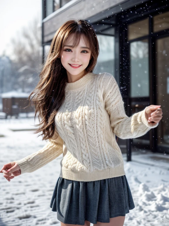 (masutepiece:1.3, Photorealsitic:1.4, 8K), top-quality, masterpiece, 超A high resolution, Perfect dynamic composition, Highly detailed skin and facial texture:1.3, A detailed eye, Detailed limbs, Winters, (snowflakes falling:1.2), Snowfall landscape at night:1.2, 1girl in, Cute sexy slim woman, Fair skin, (Snow fell on my body and clothes:1.2), ((A smile:0.9, Totally captivates you:1.0)), (Thick short jacket over long sleeve mohair knit sweater:1.3, Tweed Mini Skirt:1.1), ((voluptuous breasts:1.05)), Short boots, (Facing the front, Frolic Pose), (Beautiful blue eyes, Eyes that feel beautiful eros:0.85), Sexy face:0.4, (A mouthfeel that feels beautiful eros:0.85), ((Too cute beauty:0.9))