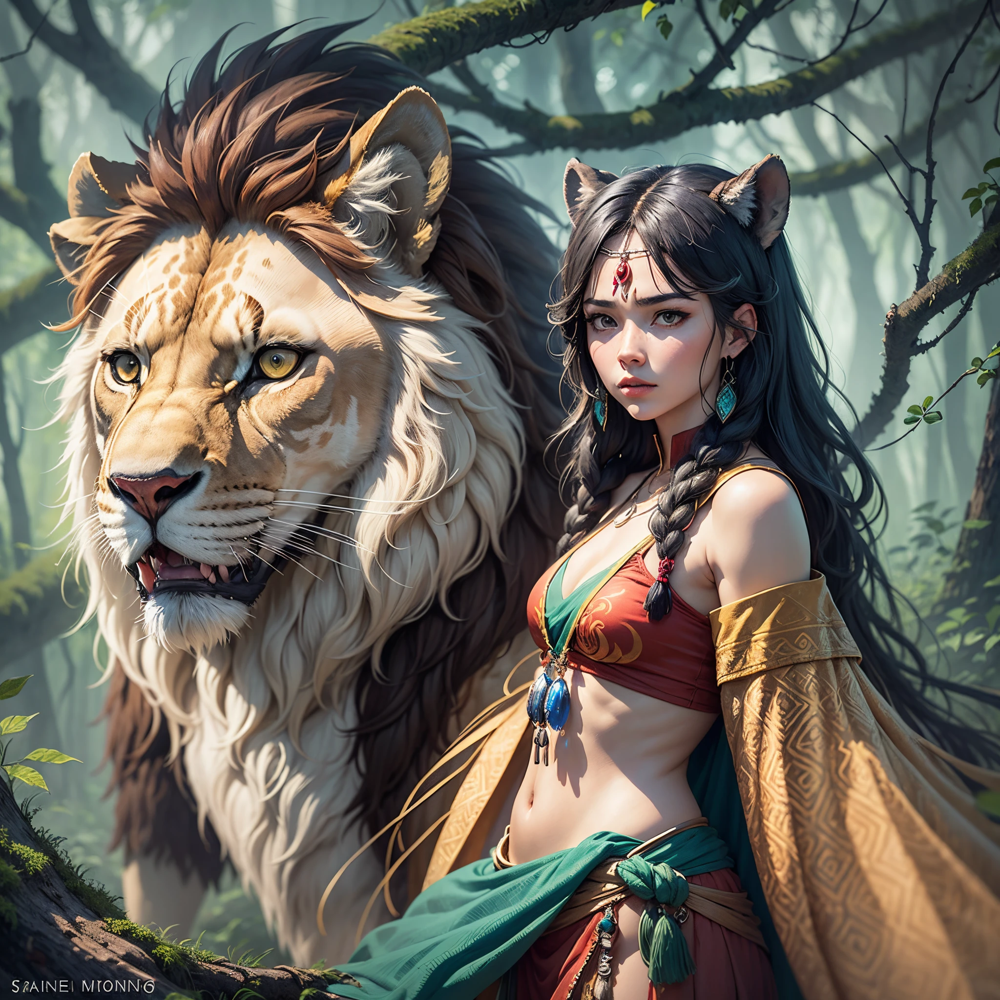 Here is an illustration of a female character inspired by San from ‘Princess Mononoke’, combined with a lion theme. The character embodies the strength and majesty of a lion, dressed in a blend of tribal and natural elements, set in a mystical forest. --auto --s2