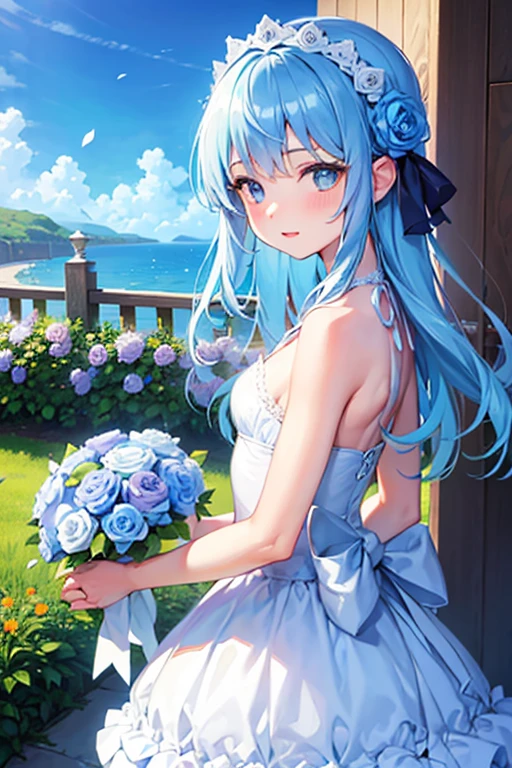 Beautiful hands, beautiful petals, blue sky, (Girl with a bouquet: 1.5), (Cute illustration: 1.2), Beautiful eyes, High resolution, Super definition, Top quality...