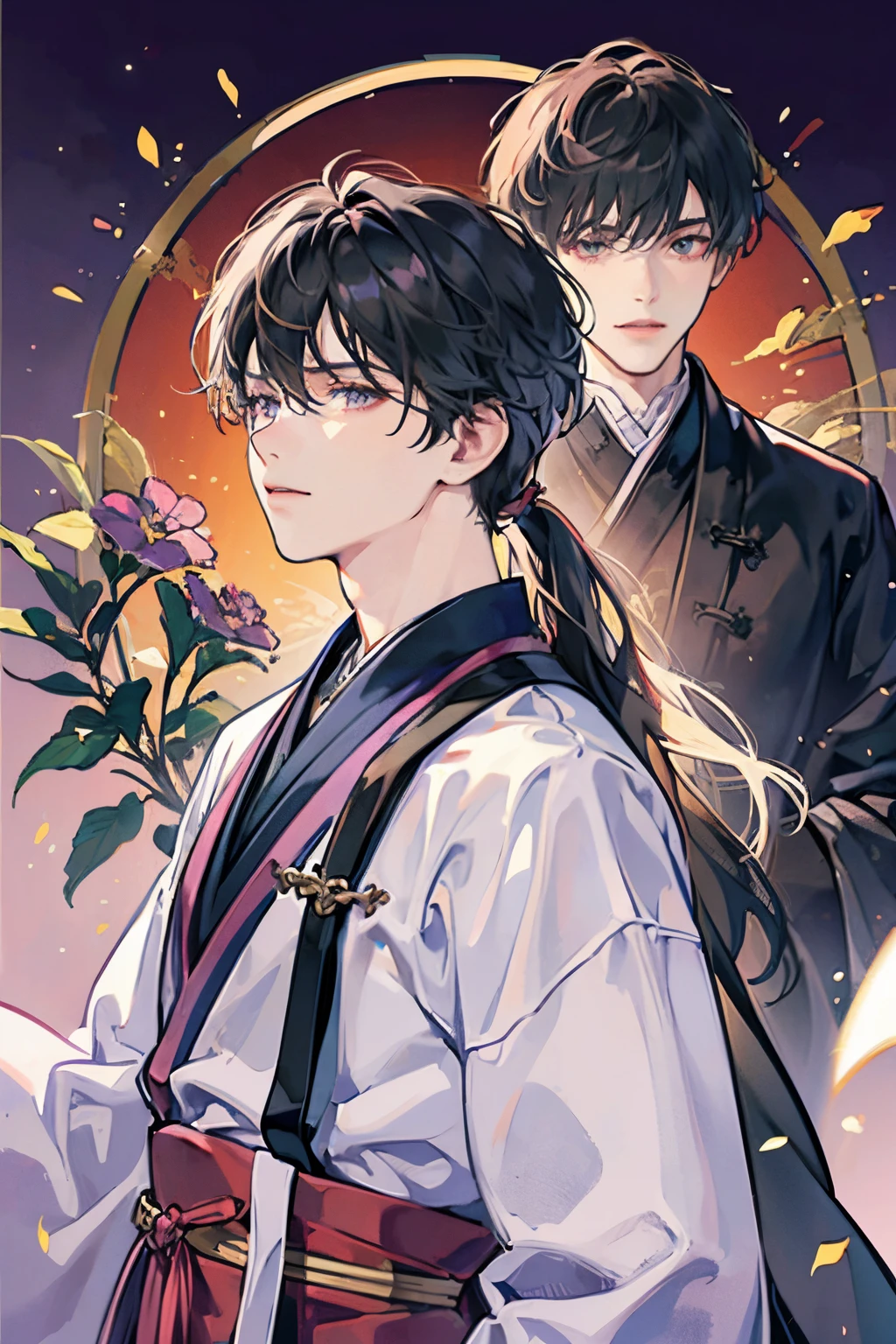 man, parted bangs haircut, black hair, long hair, Labrador Retriever, purple background, hanfu