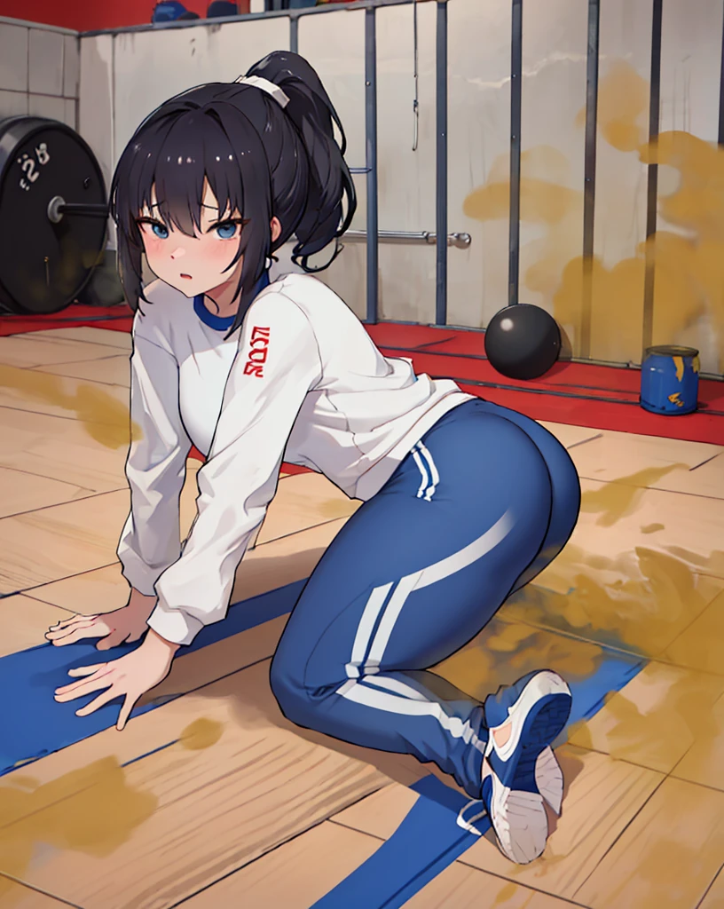 upscales，8K，Best quality at best,(( 1 girl in)), Character focus,High ponytail，Fencing sportswear，skinny pants，gym room，Fart，on the floor on all fours，The stench is pervasive