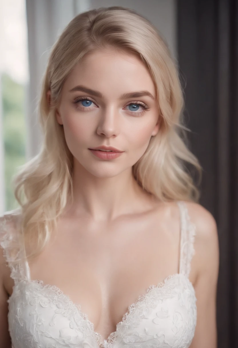 realistic white female instagram influencer, best quality, blonde, 1 girl, blue eyes, in white tight dress, blonde, model face, revealing clothing