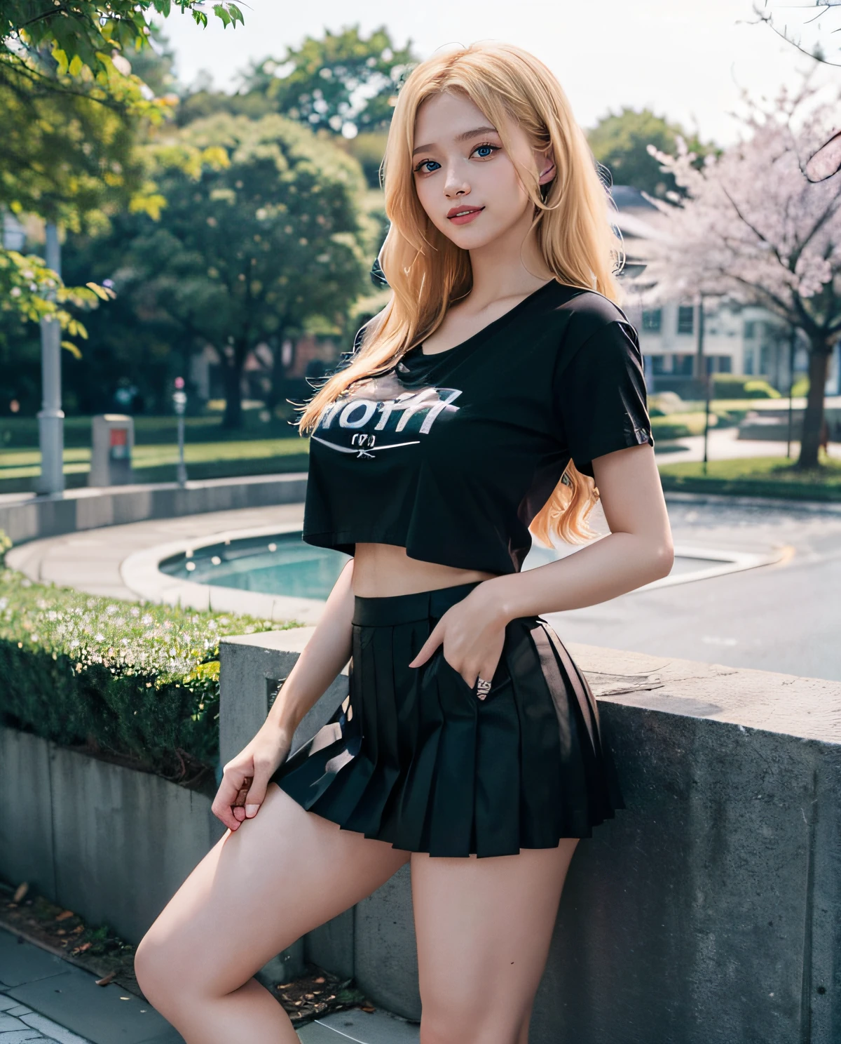 one person、in one person、A 17-year-old high school girl poses for a photo in a short navy blue T-shirt、I can see the navel、victory、Tsundere、Saucy、red mini skirt、anger、small、slim girl model photo、body:female model、blonde、twin tails、Japanese female fashion model、(8K、Raw photo、best image quality、masterpiece:1.2)、(genuine、photogenuineistic:1.37)、ultra high resolution、ultra high resolution、Standing position、whole body、((((sexy)))、Light blue wall、Shapely small breasts、naked、tits