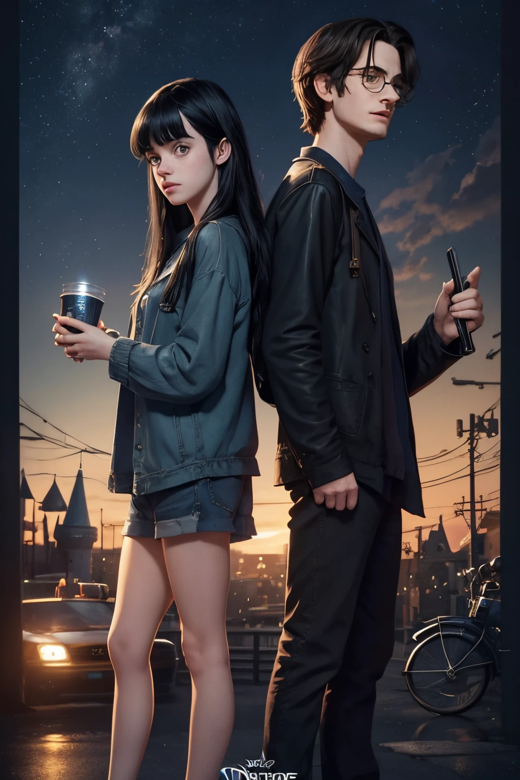 cute cartoon style, andrew garfield as remus lupin next to billie eilish with long black hair and bangs dressed in navy hippie clothes, poster, photo, 3d render, disney pixar logo