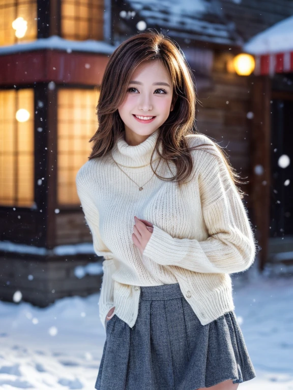 (masutepiece:1.3, Photorealsitic:1.4, 8K), top-quality, ​masterpiece, 超A high resolution, Perfect dynamic composition, Highly detailed skin and facial texture:1.3, A detailed eye, Detailed limbs, Winters, (snowflakes falling:1.2), Snowfall landscape at night:1.2, 1girl in, Cute sexy  slim woman, Fair skin, (Snow fell on my body and clothes:1.2), ((A smile:0.9, Totally captivates you:1.0)), (Thick short jacket over long sleeve mohair knit sweater:1.3, Tweed Mini Skirt:1.1), ((voluptuous breasts:1.05)), Short boots, (Facing the front, Frolic Pose), (Beautiful blue eyes, Eyes that feel beautiful eros:0.85), Sexy face:0.4, (A mouthfeel that feels beautiful eros:0.85), ((Too cute beauty:0.9))