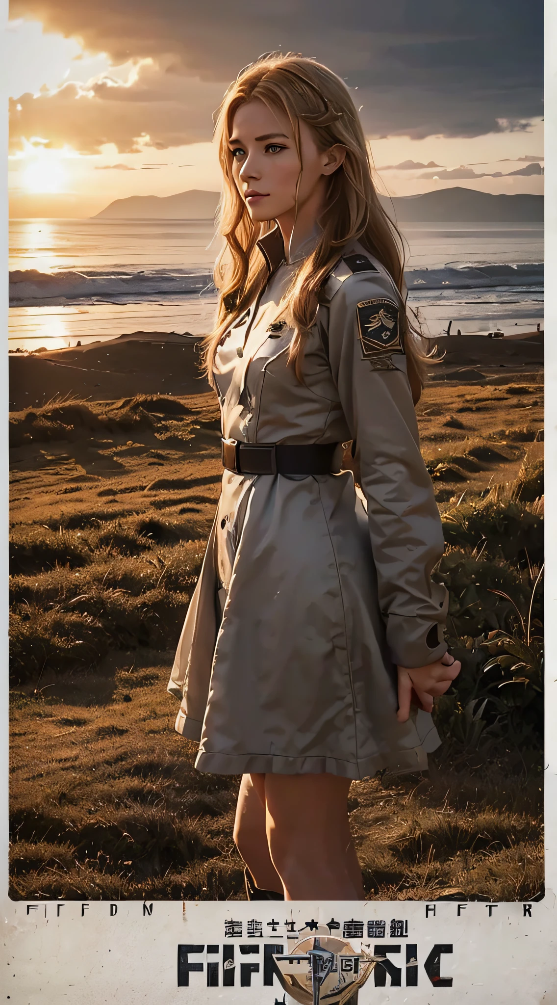 Realistic,Polite dresses,(Fighter Action War Movie Poster),(Foundation Movie Reference: 1.8),Realistic,Air Force general uniform,(Realistic face resolution),cinematic pose,Adult,skinny,Small,1 Long-haired dark blonde woman,Serious face,Science fiction,科幻小说,appearance々Supporting Characters